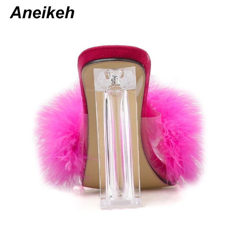 Aneikeh; сезон лето; коллекция года; сандалии с мехом; женские слинбэки; босоножки; прозрачные вечерние туфли на высоком каблуке; модные туфли-лодочки