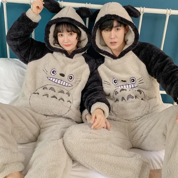 

Unisex Adult Flannel Sleepwear Thicken Warm Couple Pajama Sets Long Sleeve Pyjamas Cartoon Cute Homewear Female Winter Home Suit