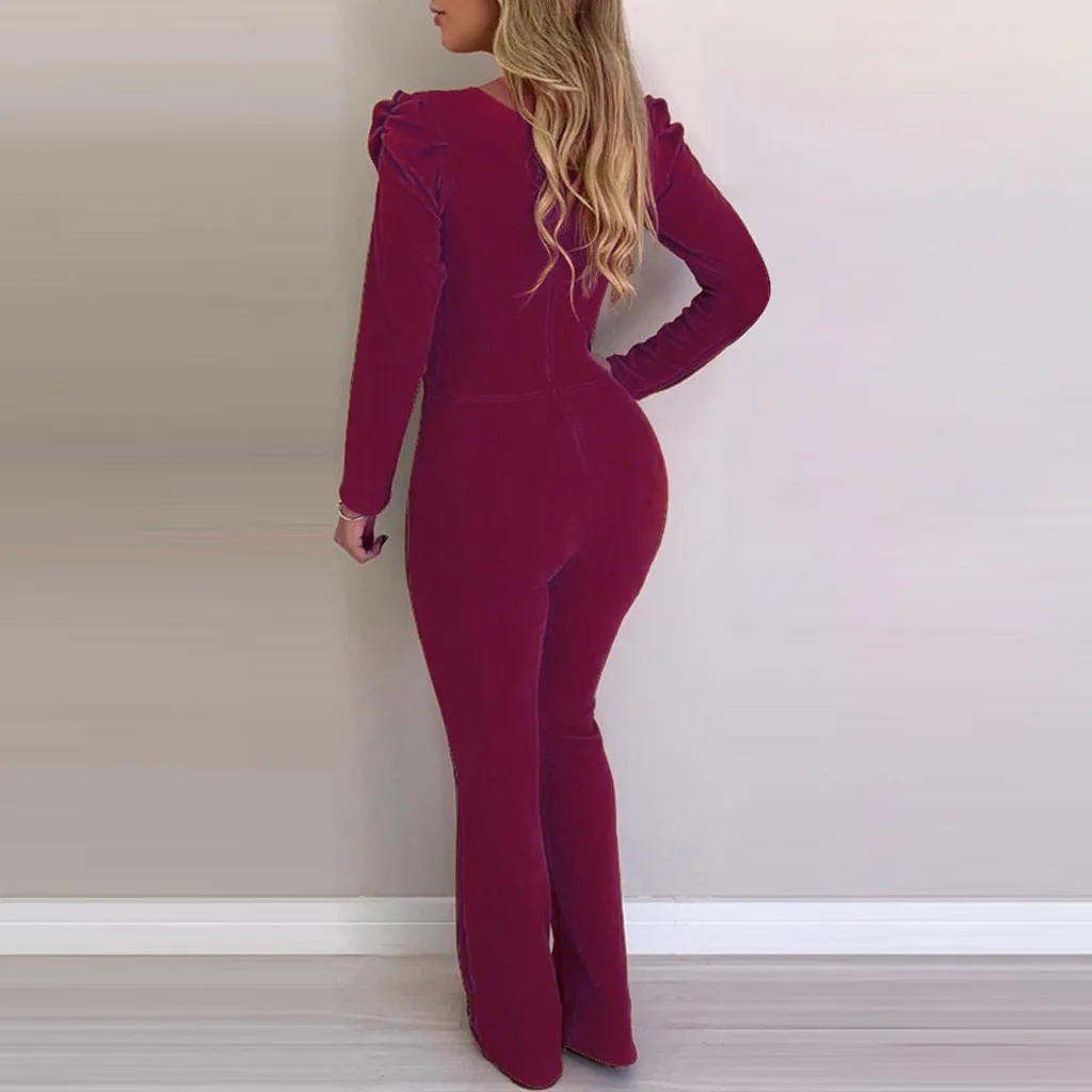 Winter Women Jumpsuits office lady Sexy V Neck Long Sleeve Solid Loose Belted Bodycon Ladies Long Rompers Slim Jumpsuit