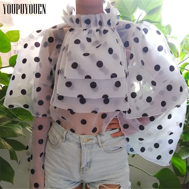 

Women Sexy Organza Transparent Blouse Polka Dot Sheer Ruffle Long Sleeve Fashion Shirt Summer Woman Tops Streetwear Clothing