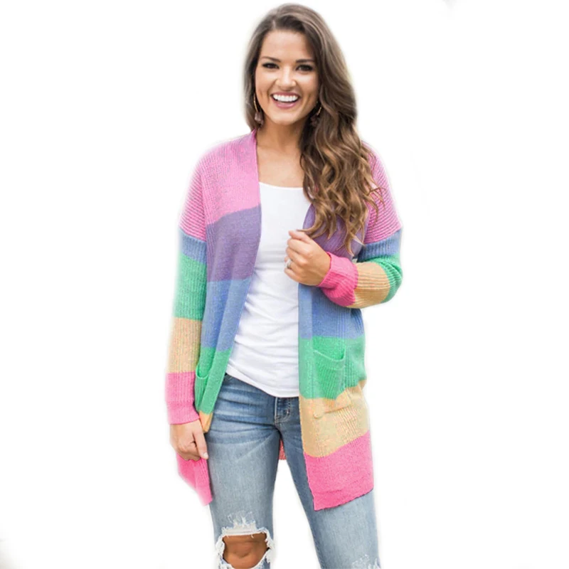 

New Autumn Rainbow Color Stitching Top Casual Knitted Cardigan Female Open Stitch Colorful Winter Long Sweater 3048