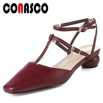 

CONASCO Summer Fashion Concise Casual Women Cow Leather Sandals Ankle Strap T-Tied Buckle Strap Square Toe Shallow Shoes Woman