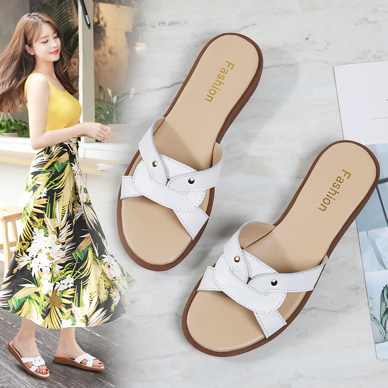 

Summer Women New Style Slippers Fashion Breathable Flats Slides Cute Leather Flip Flops Comfortable Wedge Sandals Ladies Shoes
