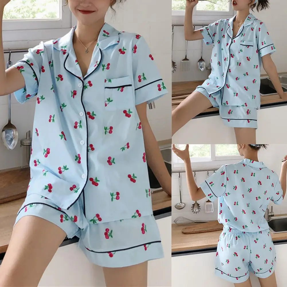 2pcs Summer Short Pajama Sets Women Sleepwear Turn Down Collar Ladies