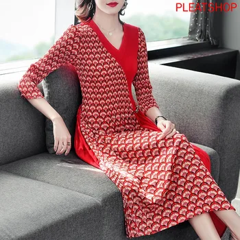 

Miyake Pleated Dress 2020 Spring New Style Europe And America Fashion Pleat Printed Slim Fit Slimming dresses elegant women