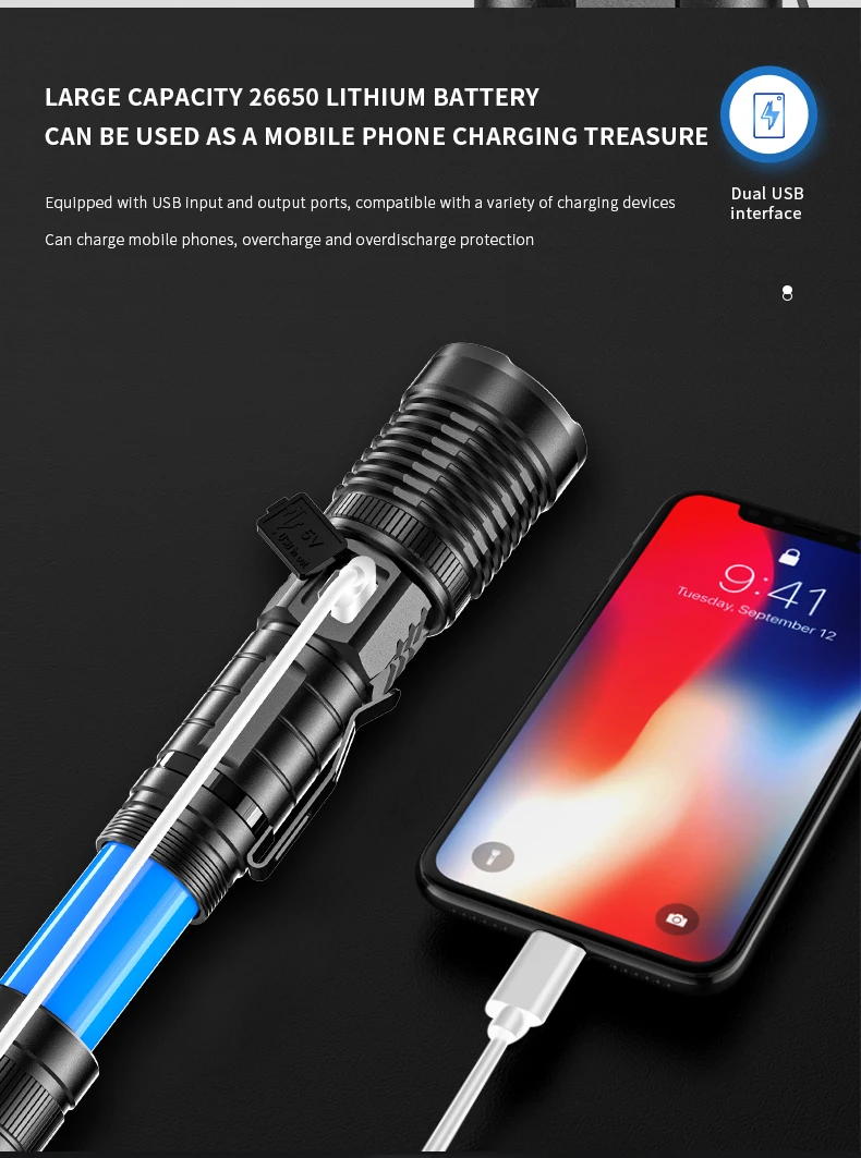 포켓맨 LED 손전등, USB 충전식 LED 토치, XHP50 랜턴, 캠핑 램프, 펜 홀더 포함 18650 26650 사용