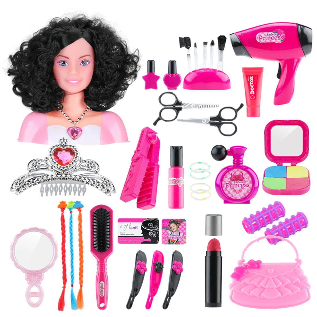 Conjunto de juego de simulación de maquillaje para niños, cabeza de juguete de peinado con secador de pelo, 37 Uds., juguetes educativos para Gift-3811A-3