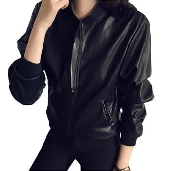 

2019 New Female Spring Autumn Long Sleeve Slim Outerwear Women Black PU Leather Zipper Jackets Motorcycle Coat