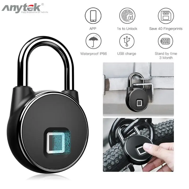 Anytek P22+ USB Bluetooth Смарт-замок без ключа с отпечатком пальца IP66 водонепроницаемый Противоугонный замок безопасности для Android Apple