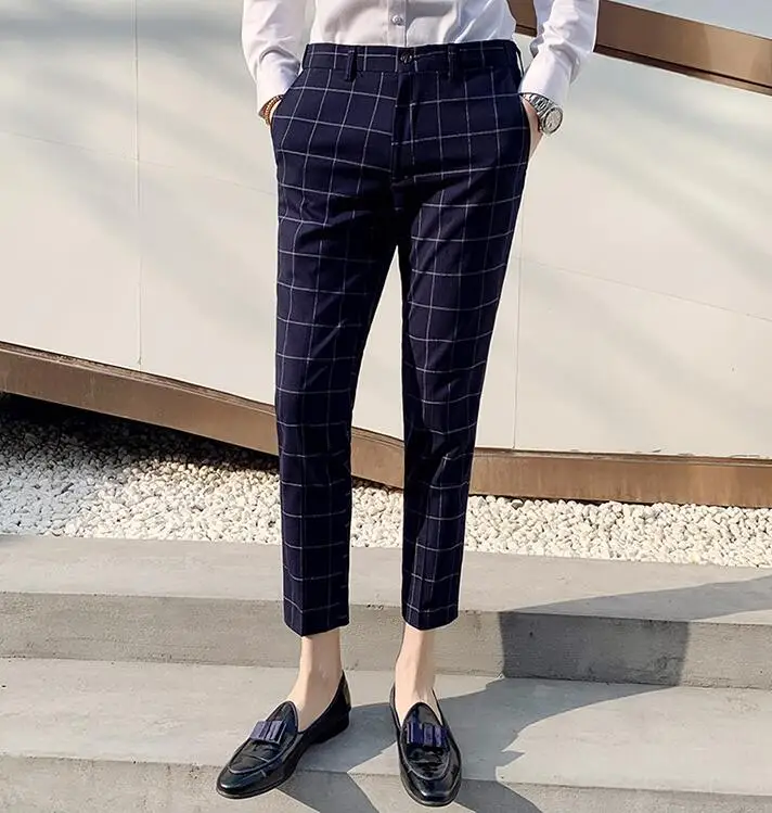 Navy Blue Летние клетчатые брюки мужские s повседневные мужские s Брюки Офисные клетчатые брюки мужские брюки Приталенные брюки Hombre Vestir - Цвет: Navy Blue