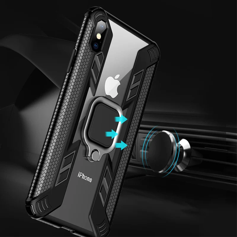 Luxury Shockproof Armor Case on the For IPhone XR X XS Max Car Ring Holder Clear Cover for IPhone 7plus 8plus 6 6s 7 8 Plus Case