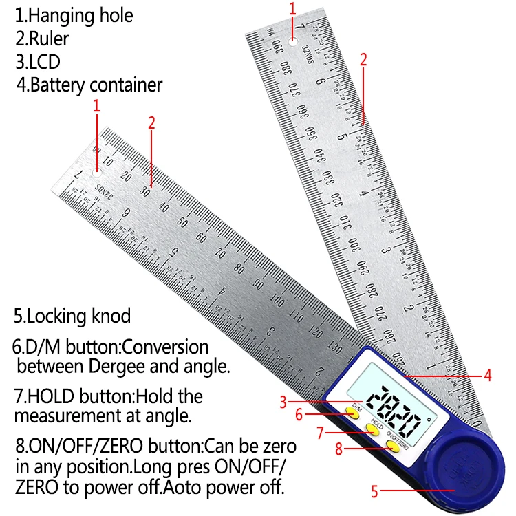 0-200Mm 8 Inch Digital Meter Angle Inclinometer Angle Digital Ruler Electron Goniometer Protractor Angle Finder Measuring Tool