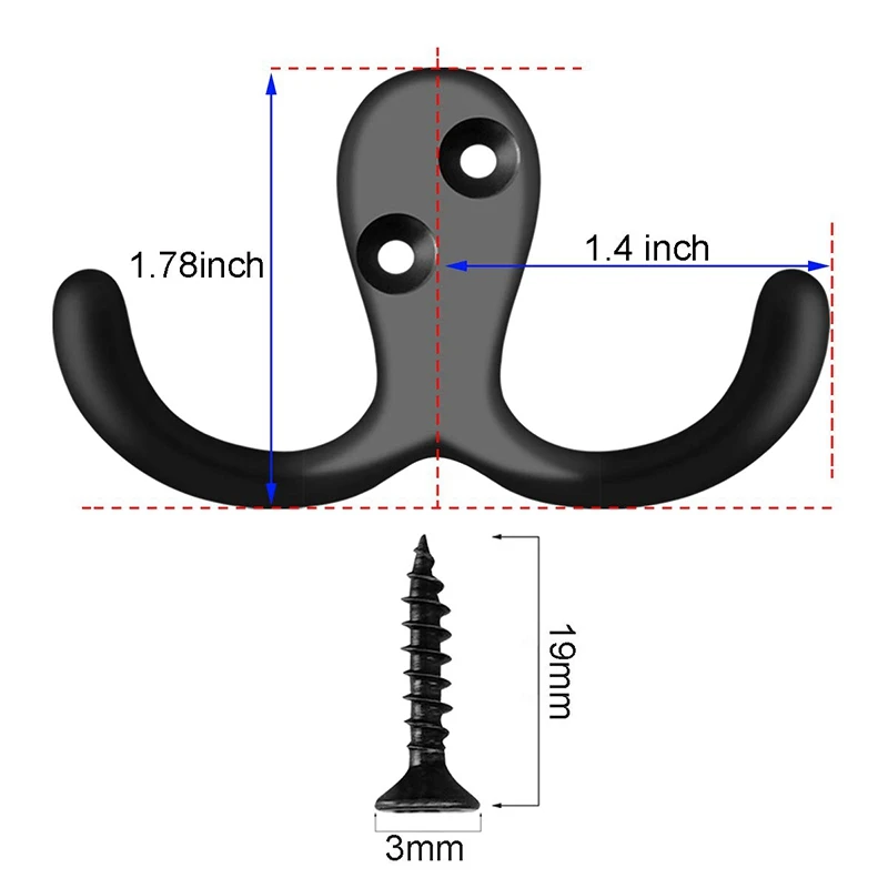 8 Pack Heavy Duty Double Prong Coat Hooks Wall Mounted with 16 Screws Retro Double Robe Hooks Utility Hooks for Coat, Scarf, Bag