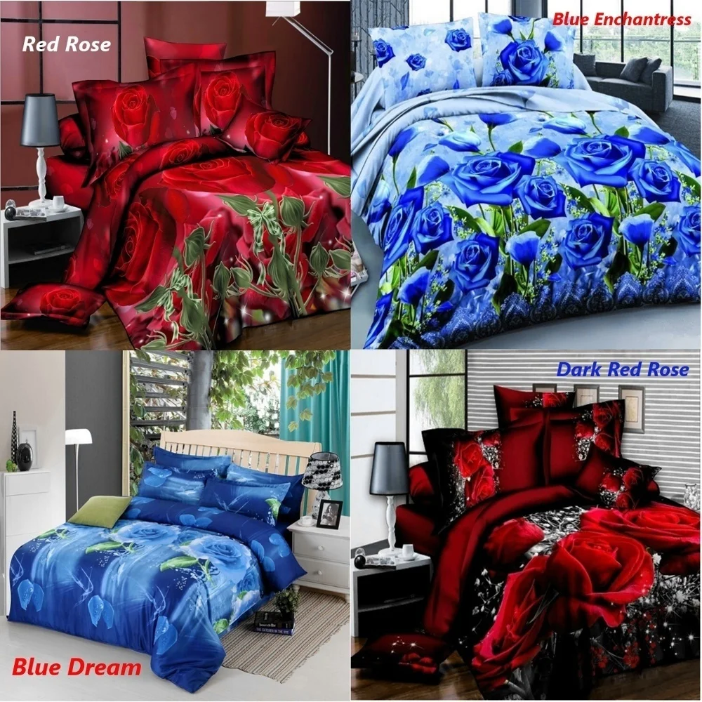 4Pcs Printed 3D Bedding Set Queen Size Quilt Cover Bed Sheet Pillowcases Textile 