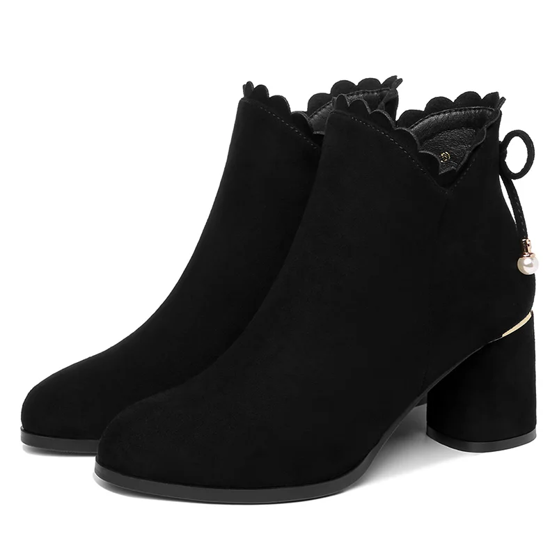 

MOOLECOLE New Fall/winter Women Boots Suede Ankle Boots Women Round Toe String Bead Women Black Boots Women Shoes 2-35