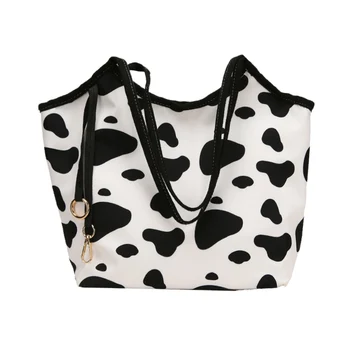 

Cartoon Cow Print Women Canvas Nylon handbag Casual Large Capacity Waterproof Shoulder Bag Environmental Protection Shopping Bag