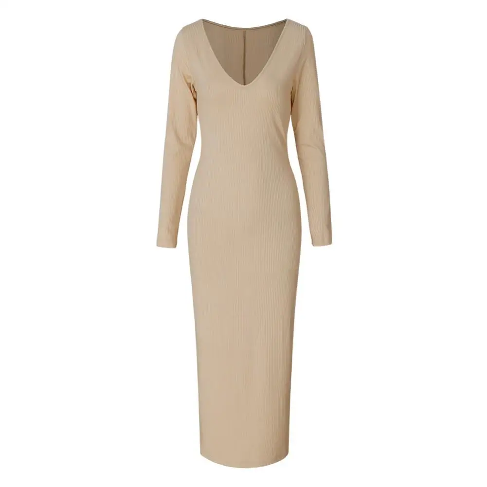 Winter Solid Color Women Long Sleeve Low Cut V-neck Knitted Bodycon Maxi Dress Women's clothing | Женская одежда