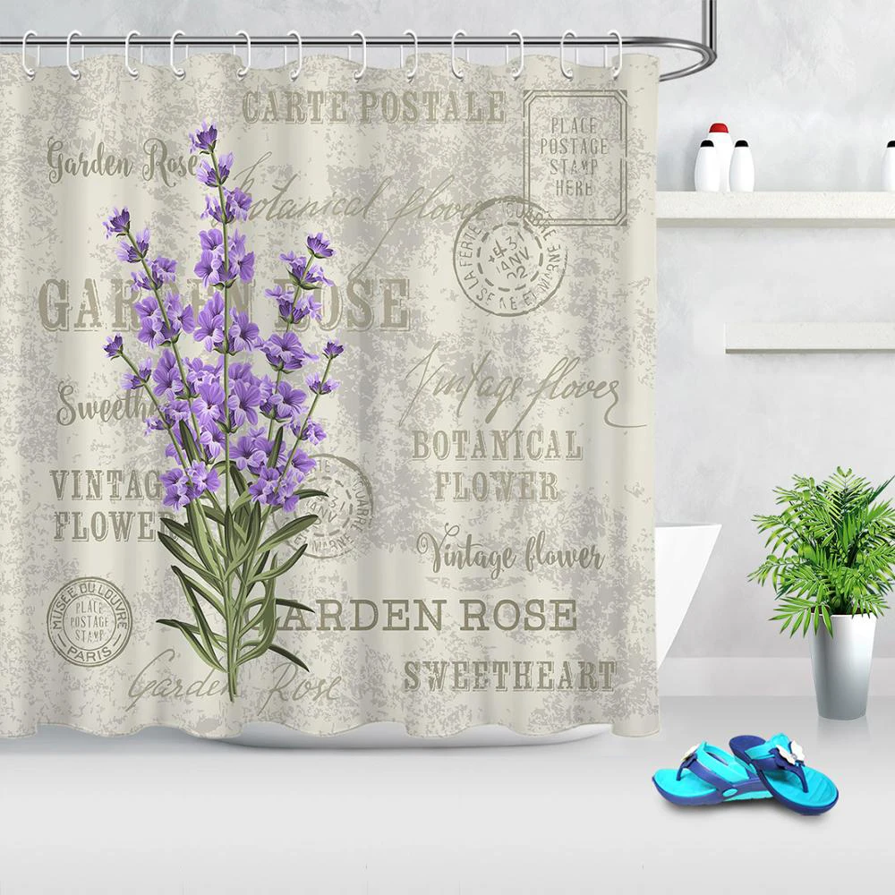 Purple Lavender on A Wooden Board Shower Curtain Bathroom Decor Fabric & 12hooks 