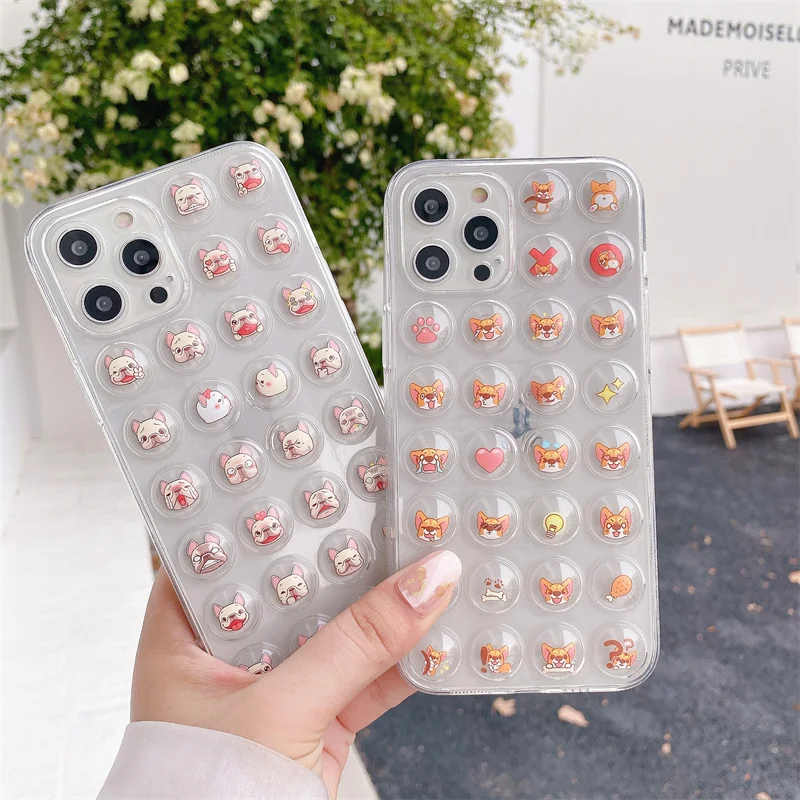 New Cute Cartoon Bulldog Corgi 3D Bubble Protect Phone Case For iPhone 11 12 13 Pro X XR XS Max 7 8 Plus Clear Soft Back Cover | Мобильные