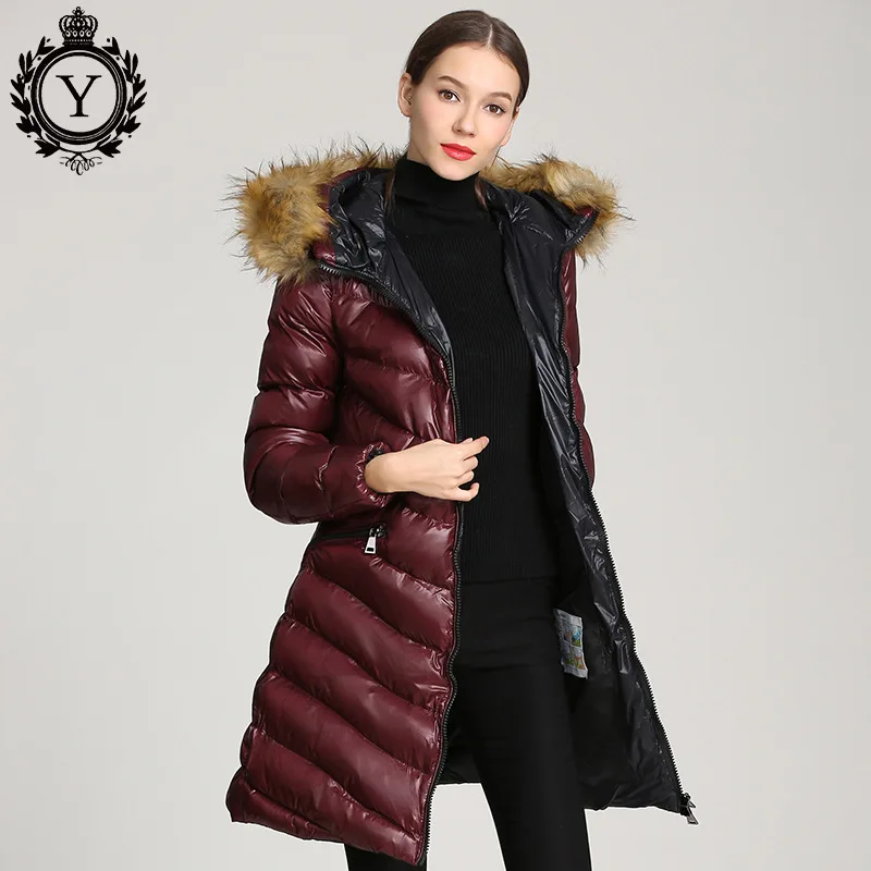 Wine Red Брендовый женский тонкий теплый пуховик европейская мода яркая с капюшоном Длинная зимняя куртка женская элегантная повседневная парка куртка - Цвет: Wine Red