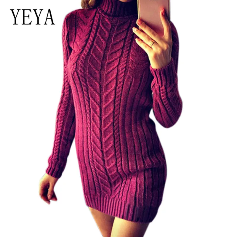 

YEYA Hot Long Sleeve High Neck Twist Slim Sweater Dress Elegant Autumn Yellow Gray Knitted Sweater Dress Jumper Ladies Knitwear