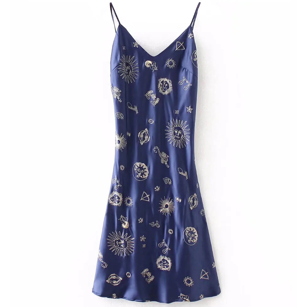 Cena TXJRH Sexy słońce konstelacji druku głębokie dekolt w serek imitacja satyny pakiet Hip paski spaghetti Backless plaża Mini sukienka Vestidos