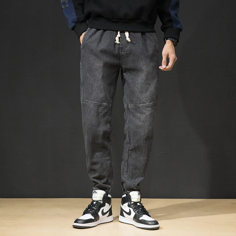 Японская мода, мужские джинсы, свободный крой, размер 28-42, брюки-карго, гарем, джинсы, уличная одежда, сшитые, дизайнерские, хип-хоп джинсы, Мужские джоггеры
