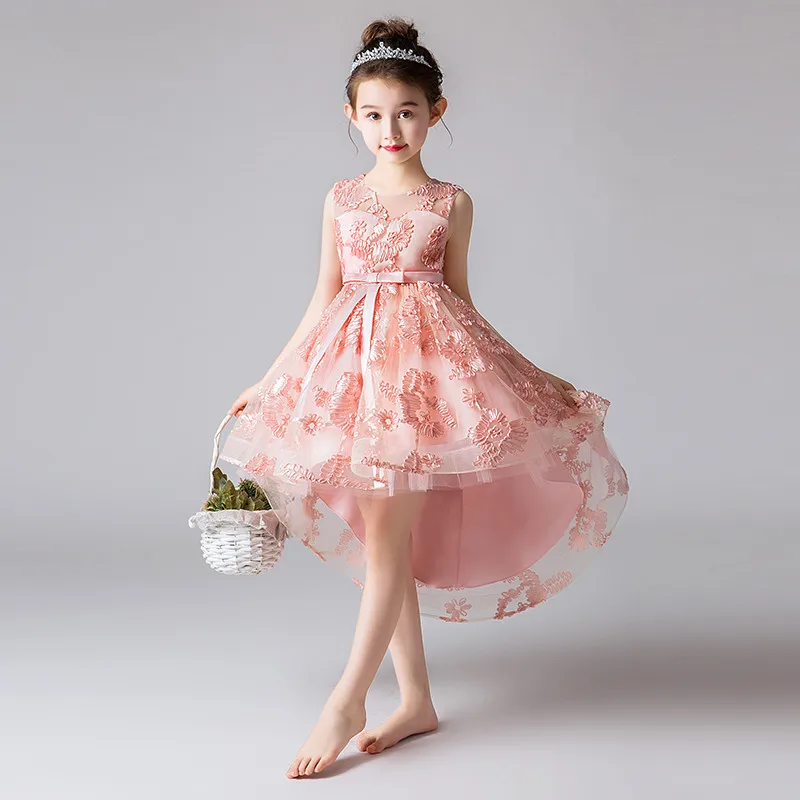 Платье принцессы с вышивкой и шлейфом для девочек; великолепное платье с цветочным узором для свадьбы, дня рождения; Детские платья для девочек; Детский костюм - Цвет: Pink
