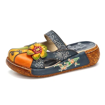 

Iliyah Casual Vintage Flat Sandals Women Printed Leather Bohemian Summer Beach Shoes Retro Flower Backless Slip-on Flats Zapatos
