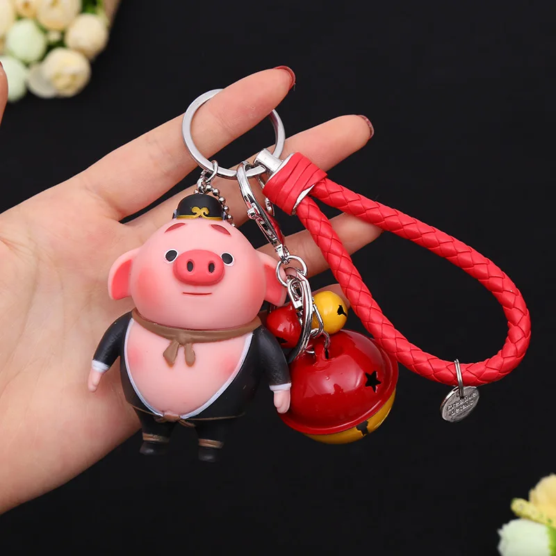 New Style Creative Cartoon Bell Keychain Pig Clang Leather Rope Pendant Bag Doll Pendant Wholesale