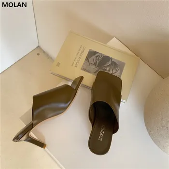 

MOLAN Brand Designers 2020 Summer Fashion Luxury Genuine Leather Square Toe High Thin Heels Sandals Lady Pumps Mules Flip Flops