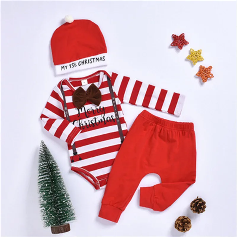 Одежда для маленьких мальчиков г. Хлопковые рождественские полосатые боди, штаны с надписью «My First Christmas hat», комплект одежды из 3 предметов, комплект одежды для девочек