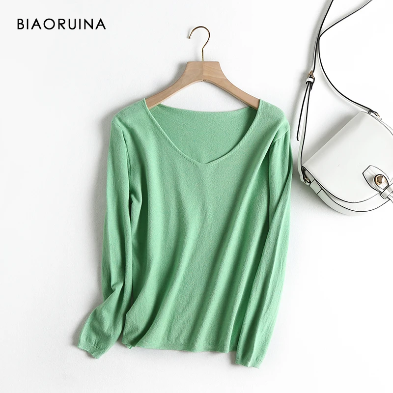 

BIAORUINA 8 Color Women's Casual Basic All-match Solid Knit Sweater Female All-match Underwear V-neck Pullover One Size