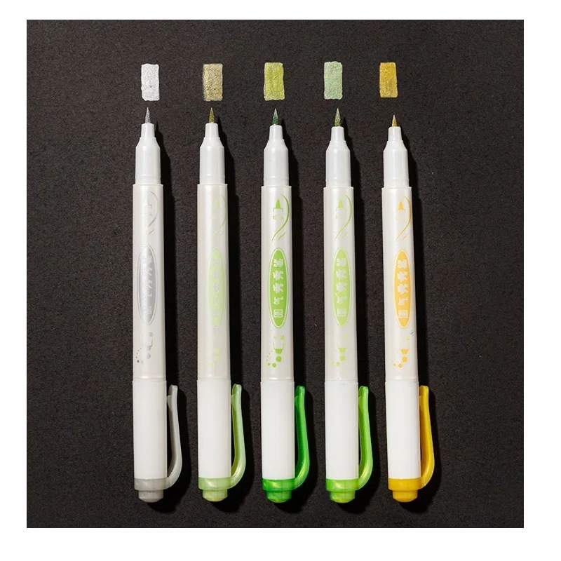 5pcs 금속 컬러 아트 마커 펜 세트 듀얼 사이드 라운드 팁 브러시 서예 레터링 드로잉 그림 저널 학교 A6241