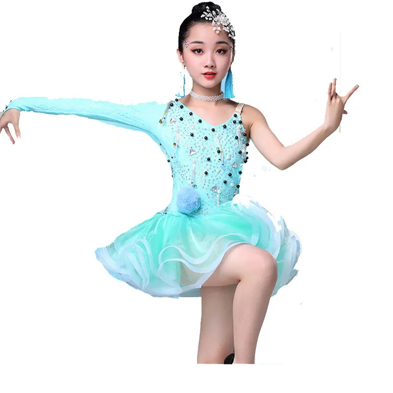 Детское профессиональное платье для латинских танцев с кисточками, современная одежда для выступлений, костюмы для латинских танцев - Цвет: light blue
