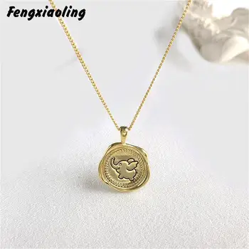 

Fengxiaoling New Fashion Golden Cartoon Elephant Pendant Necklaces Real 925 Sterling Silver Irregular Medal Necklac Fine Jewelry