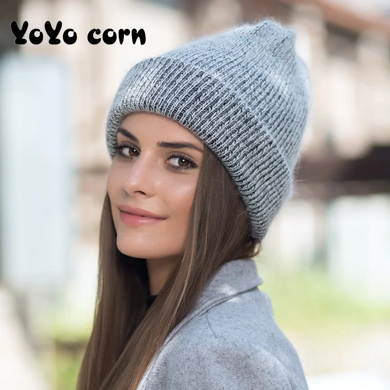 YOYOCORN, вязаная шапка из Ангорского кроличьего меха, простая шапка из кроличьего меха, женская зимняя шапка Skullies, теплая шапка из Гравити Фолз, женская шапка