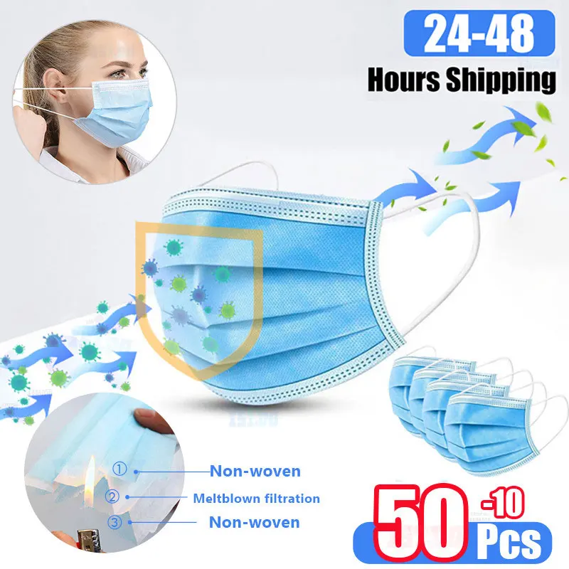 

50/10 Pcs Disposable Masks 3 Layers Filter Air Purifying Dustproof Non Woven Mouth Masks Elastic Earloop Masks 24 Hours Shipping