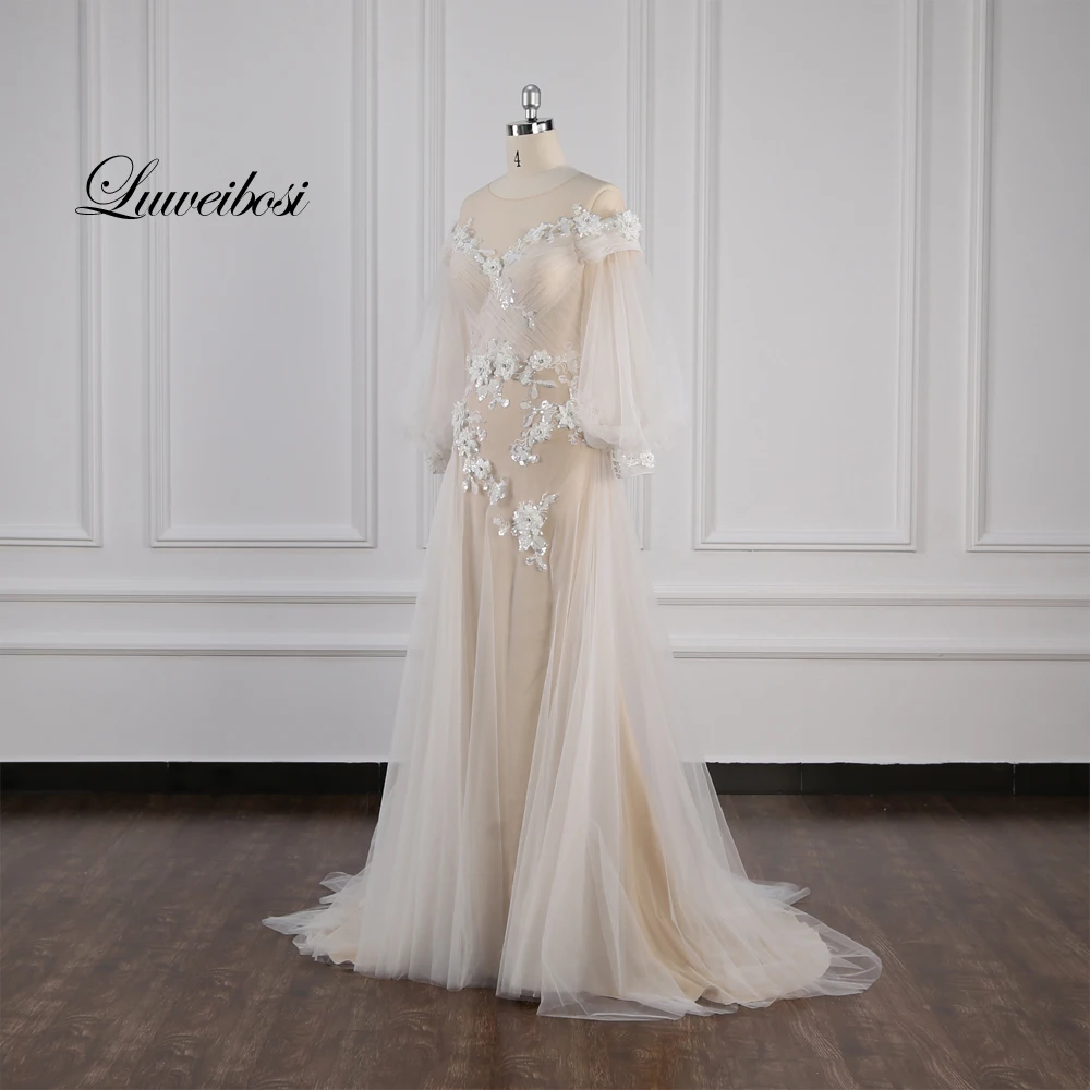 Реальное изображение Wellbirth Vestido de novia Плиссированное кружевное платье-футляр с аппликацией свадебное платье с длинным рукавом TT017