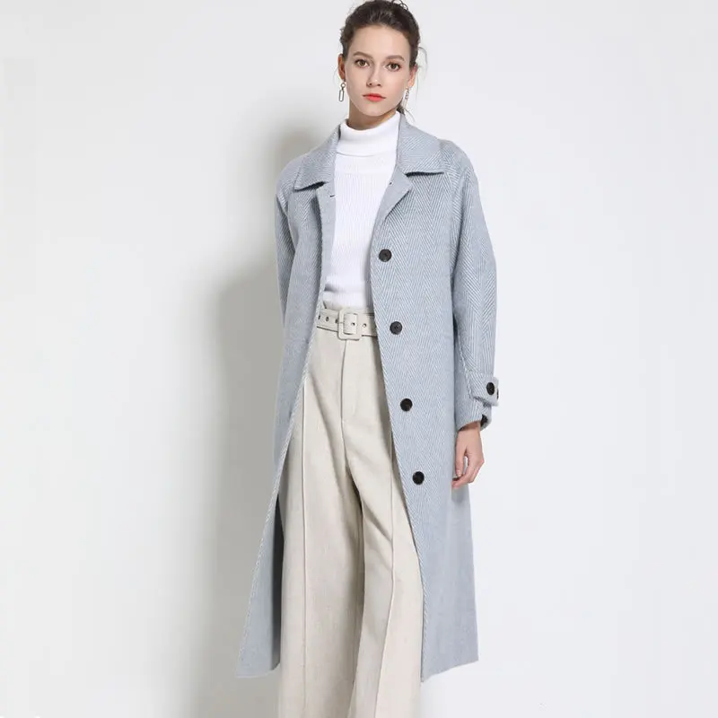 Light Blue Зимнее женское пальто Новое корейское пальто с лацканами и рисунком рыбьей кости двустороннее шерстяное пальто ручной работы женское длинное шерстяное пальто - Color: Light Blue