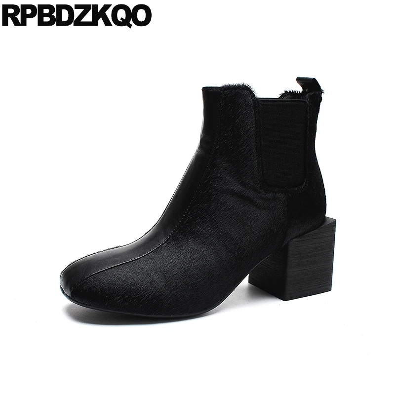Chelsea 2021 High Heel Black Ladies Square Toe Slip On Shoes Autumn Chunky Fall Ankle Brand Women Winter Boots Genuine Leather | Обувь