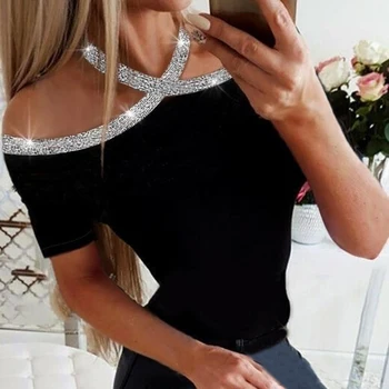

2019 Summer Women Basic Casual Top Female Lace-up Leisure Shirt Rhinestone Details Halter Short Sleeve Blouse Plus Size 5xl