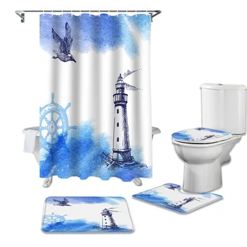 

Blue Lighthouse Ocean Watercolor Shower Curtains Set Bath Mat Set Toilet Cover Waterproof Shower Curtain Set Bath Mats Rugs