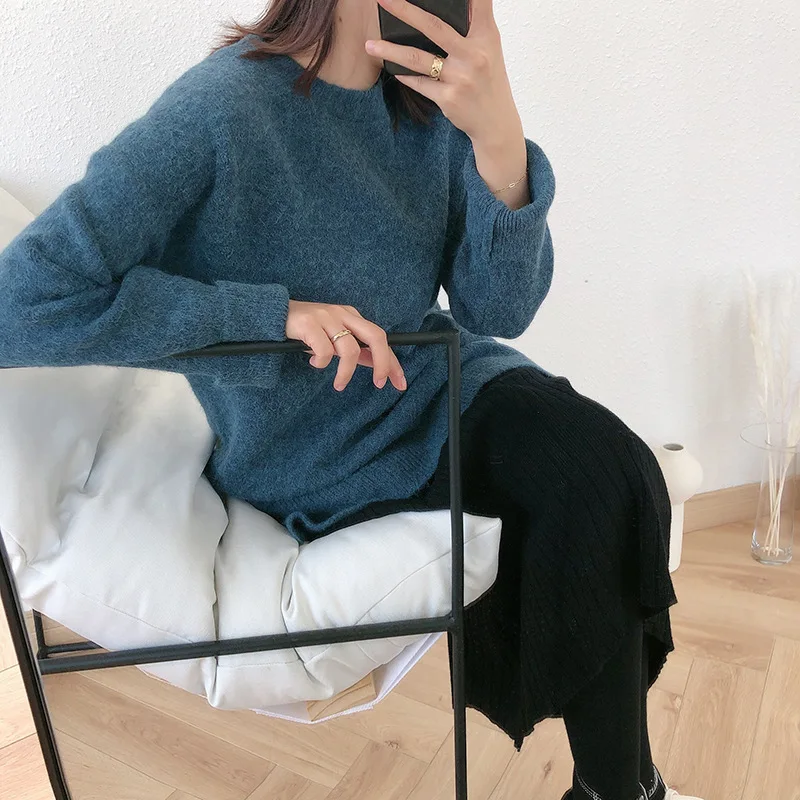 Mooirue, зима, Женский вязаный свитер Harajuku, вязаный, свободный, тонкий, женский, розовый, синий, топы