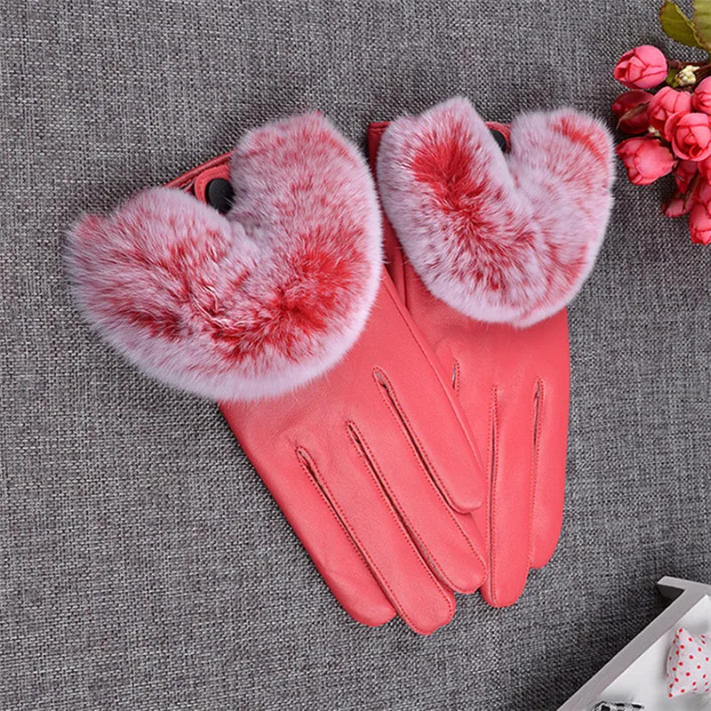 Женские зимние перчатки U-образные кожаные с мехом кролика Рекс короткие из