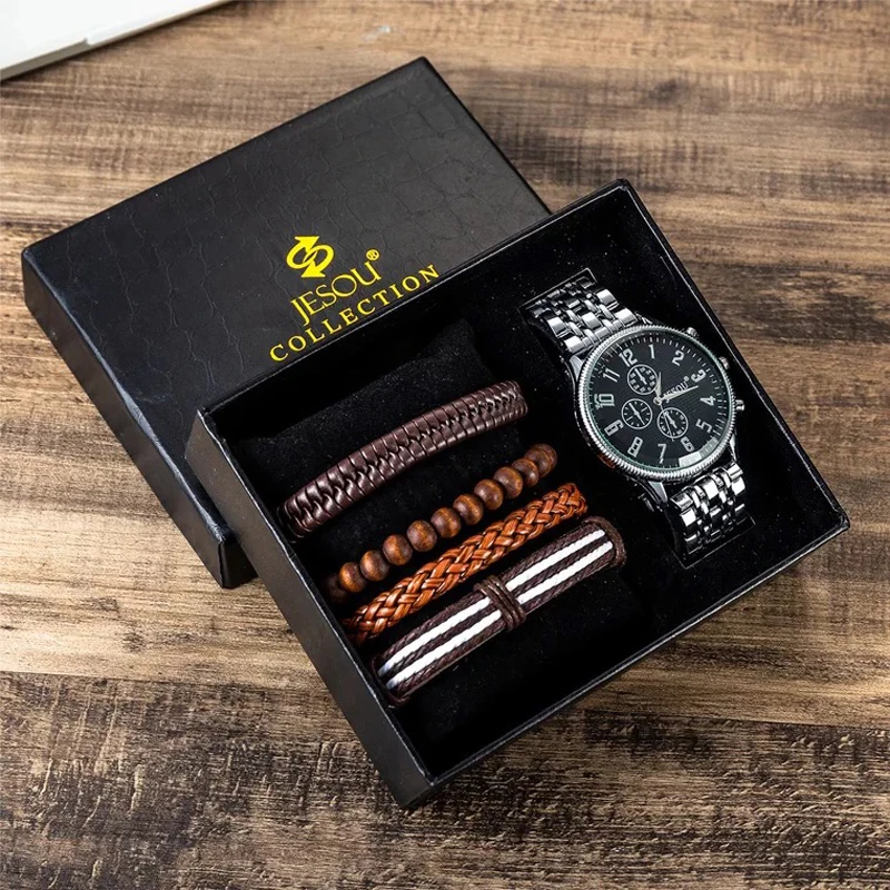 

Men Watches Set Fashion Steel Quartz Wrist Watch Men's Multiple Bracelets Set for Boyfriend Valentine's Day Men Father's gifts