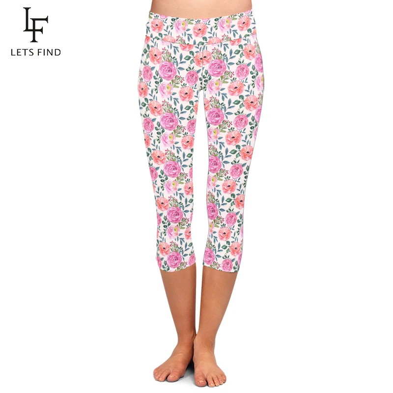 leggins LETSFIND Summer Beautiful Flowers Print Capri Leggings High Waist Plus Size Soft and Comfortable Fitness Mid-Calf Leggings spanx pants Leggings