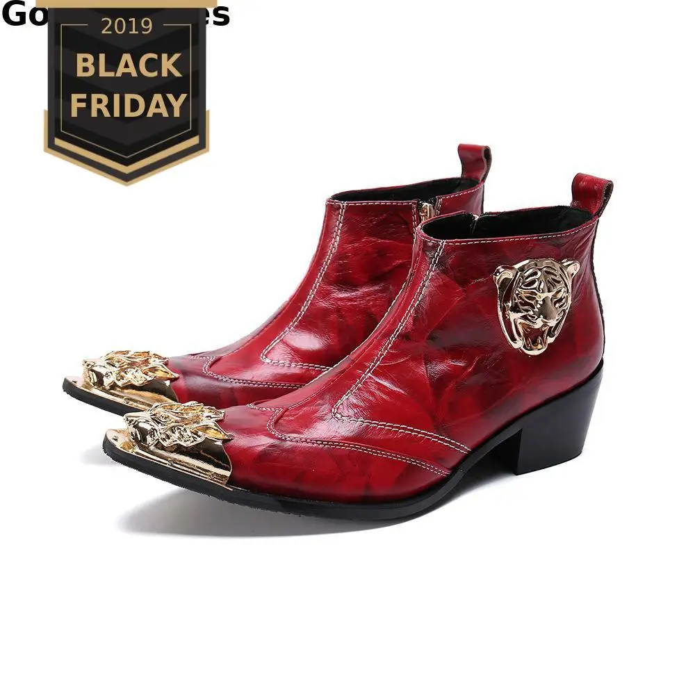 

Autumn Boots Men Fashionable Metal Decoration Metal Cap Toe Red Genuine Leather Men Short Boots Side Zipper Slip On Boots