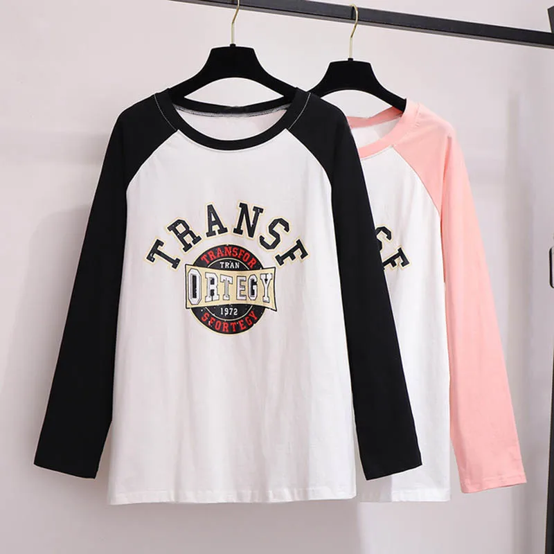Осенняя женская футболка, большие размеры, обхват груди 149 см, 5XL, 6XL, 7XL, 8XL, 9XL, футболка с круглым вырезом, женская футболка с длинным рукавом, цвета: черный, розовый