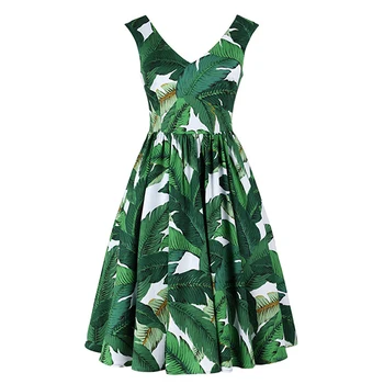 

1950's Women Vintage Retro Dress 60s 40s Sleeveless A Line V Neck Tropical Banana Leaf Green Print Party Dress Feminino Vestidos